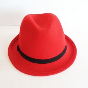 Adult Red Wool Fidora Hat with Black Hat Band